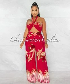 Chic Couture Online Mayra Fuchsia Multi-Color Print Crop Top & Wide Pants Set JUST IN