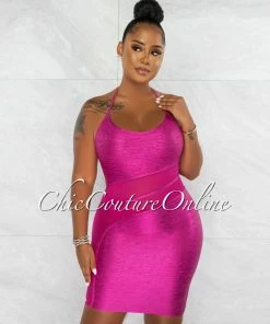 Chic Couture Online JUST IN Carmela Magenta Foil Mesh Details Bandage Dress