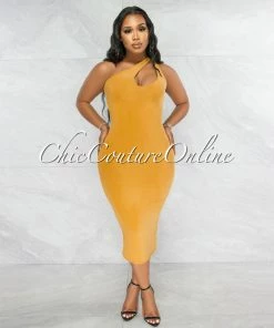 Vendor-unknown Abasi Mustard Key-Hole Double Lined Midi Dress