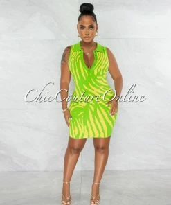 Chic Couture Online Jaime Yellow Green Tiger Print Knit Mini Dress