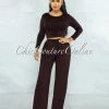 Vendor-unknown Ross Dark Brown Crop Top & Wide Leg Pants Set