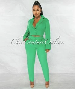 Chic Couture Online Dottie Green Crop Buttoned Blazer & Pants Set JUST IN
