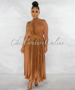 Chic Couture Online Nicia Bronze Halter Pleated Silky Maxi Dress