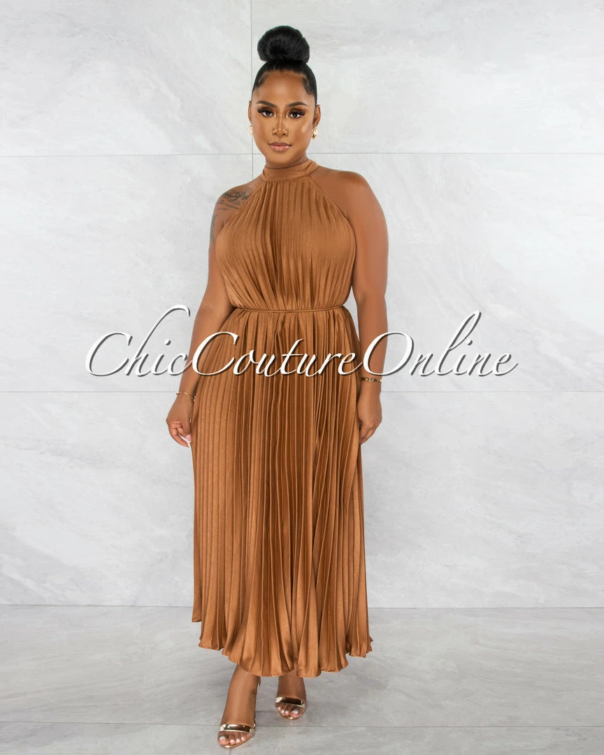 Chic Couture Online Nicia Bronze Halter Pleated Silky Maxi Dress