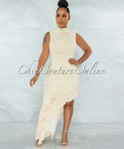 Vendor-unknown United Cream Ruched Bodice Ruffle Slit Maxi Dress JUST IN