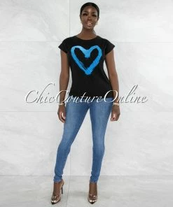 Vendor-unknown Farry Black Blue Front Graphic Rhinestones T-Shirt