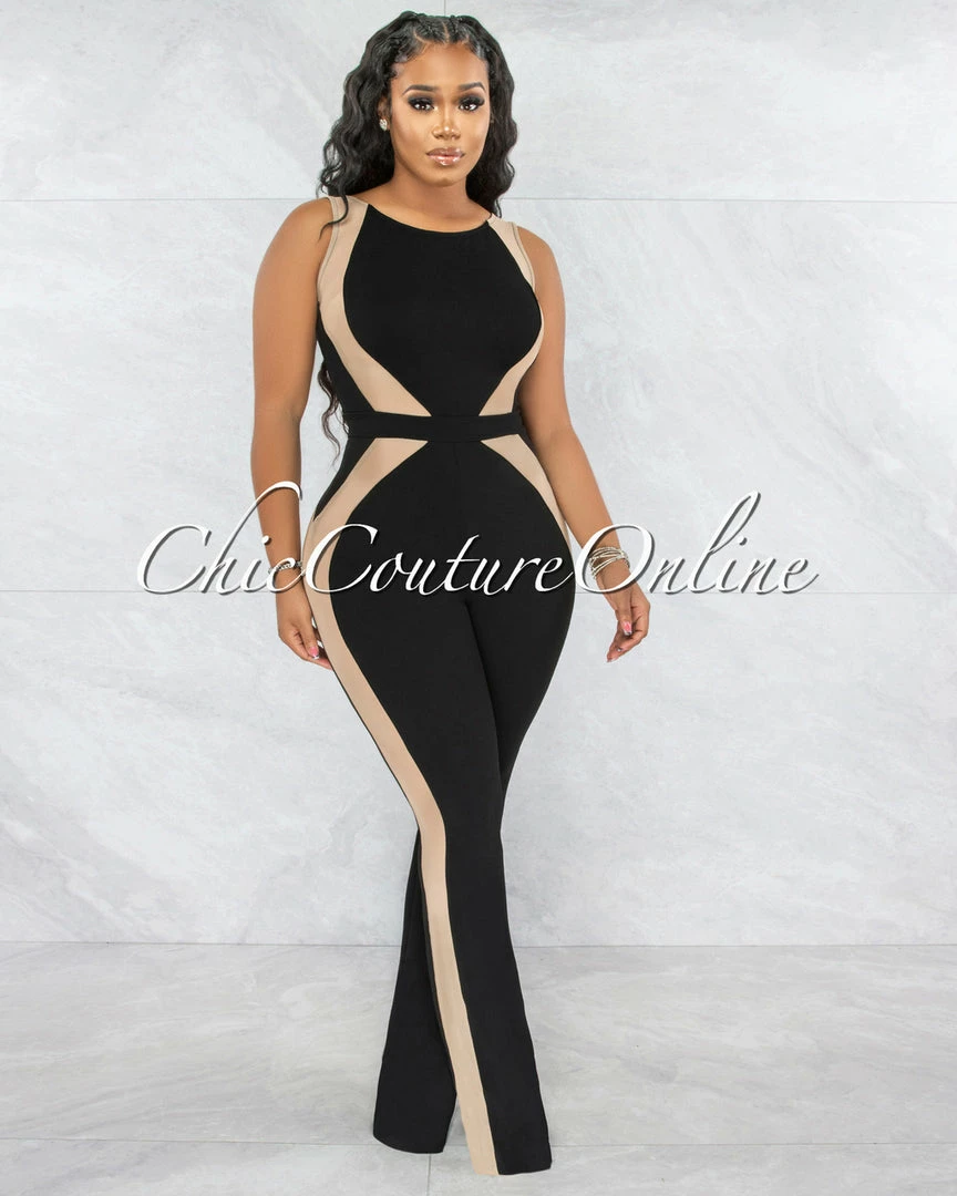 Vendor-unknown Flags Black Nude Mesh Details Jumpsuit JUST IN