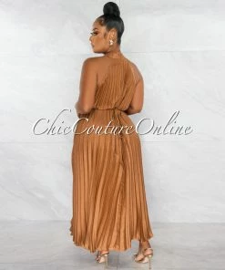 Chic Couture Online Nicia Bronze Halter Pleated Silky Maxi Dress