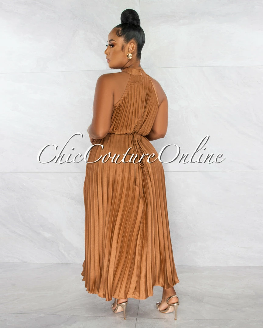 Chic Couture Online Nicia Bronze Halter Pleated Silky Maxi Dress