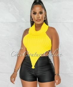 Chic Couture Online Tammy Yellow Mock Neckline Ribbed Crop Top