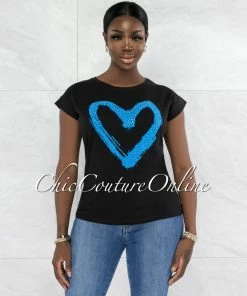 Vendor-unknown Farry Black Blue Front Graphic Rhinestones T-Shirt