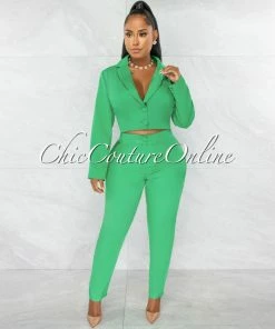 Chic Couture Online Dottie Green Crop Buttoned Blazer & Pants Set JUST IN