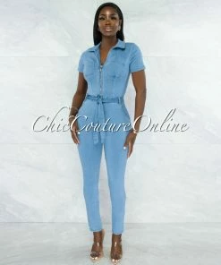 Vendor-unknown JUST IN Faqueza Light Denim Front Silver Zipper Jumpsuit