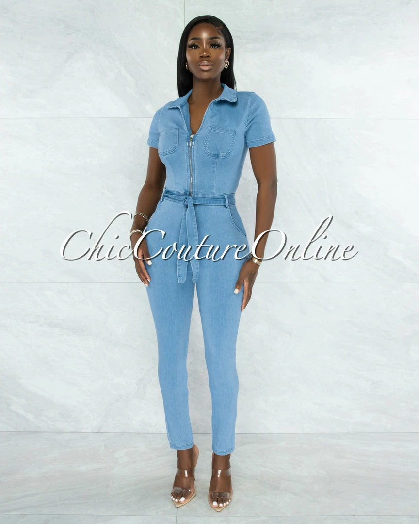 Vendor-unknown JUST IN Faqueza Light Denim Front Silver Zipper Jumpsuit