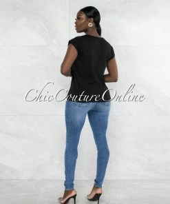 Vendor-unknown Farry Black Blue Front Graphic Rhinestones T-Shirt