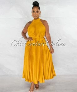Chic Couture Online Nicia Mustard Halter Pleated Silky Maxi Dress
