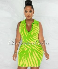 Chic Couture Online Jaime Yellow Green Tiger Print Knit Mini Dress