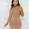 Vendor-unknown JUST IN Karoline Taupe Ribbed Mini Dress
