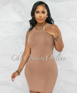 Vendor-unknown JUST IN Karoline Taupe Ribbed Mini Dress