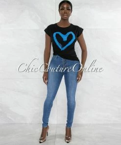 Vendor-unknown Farry Black Blue Front Graphic Rhinestones T-Shirt