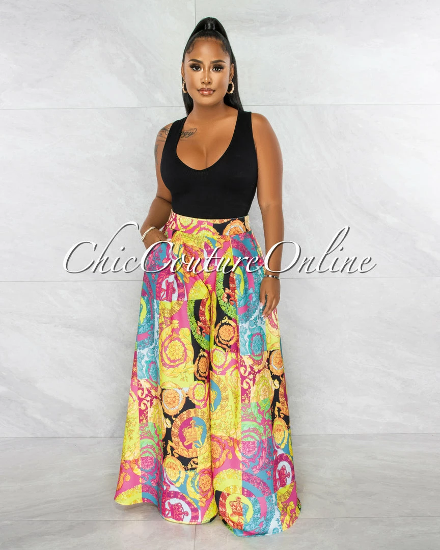 Chic Couture Online JUST IN Gail Multi Color Print Pleated Wide Pants