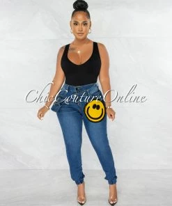 Chic Couture Online JUST IN Bruce Dark Denim Happy Face Patch Fanny Pack Jeans