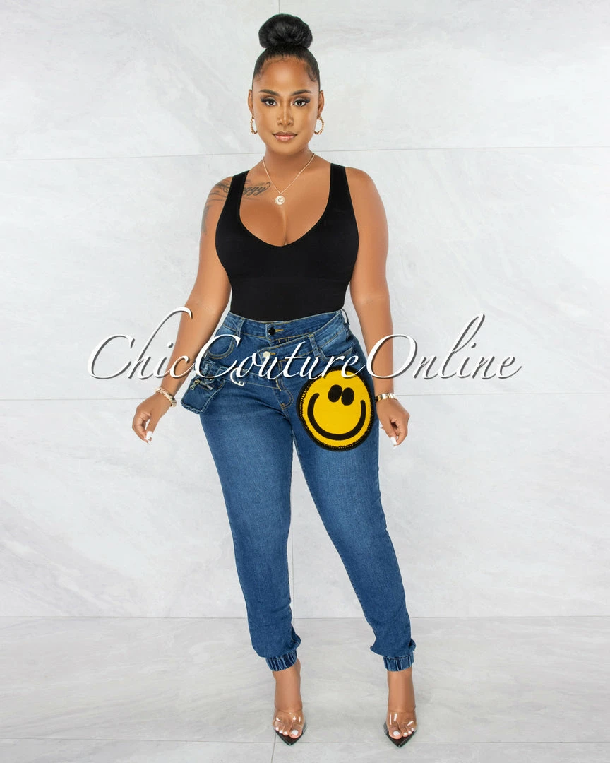 Chic Couture Online JUST IN Bruce Dark Denim Happy Face Patch Fanny Pack Jeans