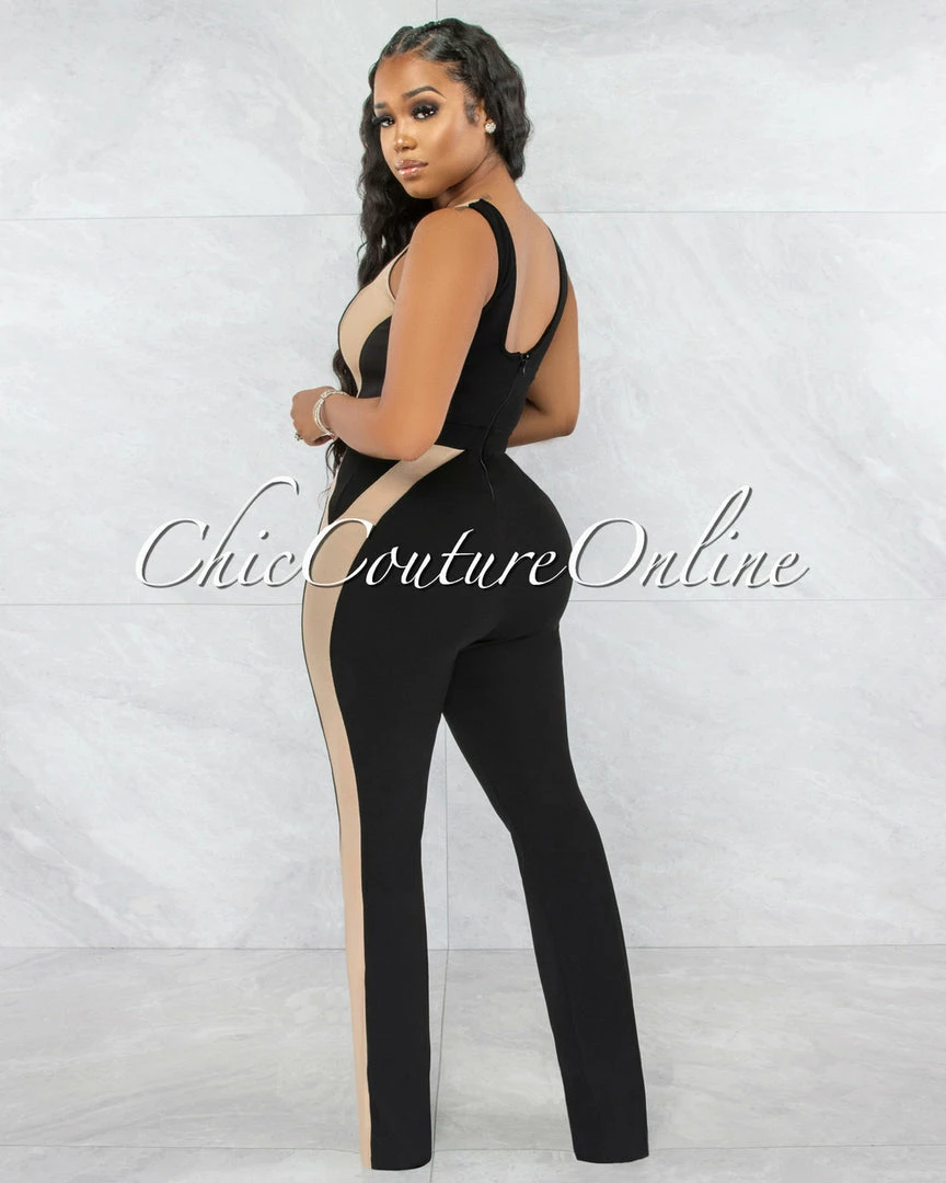 Vendor-unknown Flags Black Nude Mesh Details Jumpsuit JUST IN