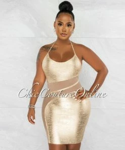 Chic Couture Online Carmela Gold Foil Mesh Details Bandage Dress