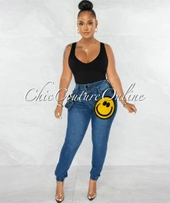 Chic Couture Online JUST IN Bruce Dark Denim Happy Face Patch Fanny Pack Jeans