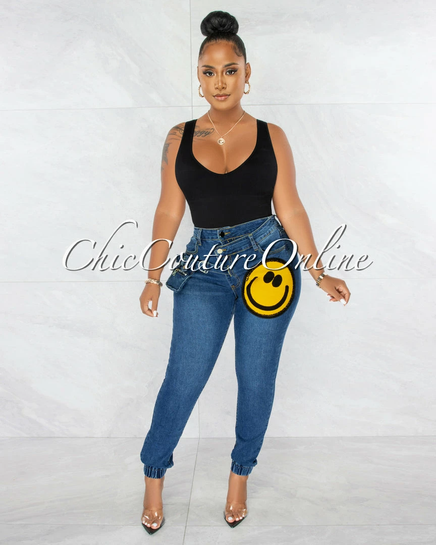 Chic Couture Online JUST IN Bruce Dark Denim Happy Face Patch Fanny Pack Jeans