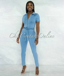 Vendor-unknown JUST IN Faqueza Light Denim Front Silver Zipper Jumpsuit