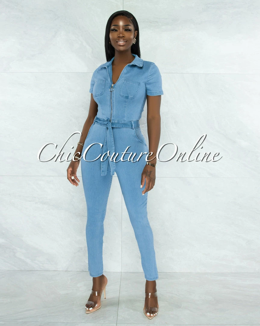 Vendor-unknown JUST IN Faqueza Light Denim Front Silver Zipper Jumpsuit
