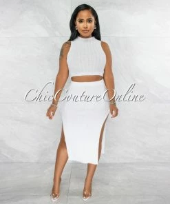 Vendor-unknown Drefan Off-White Ribbed Slit Skirt Two Piece Set JUST IN