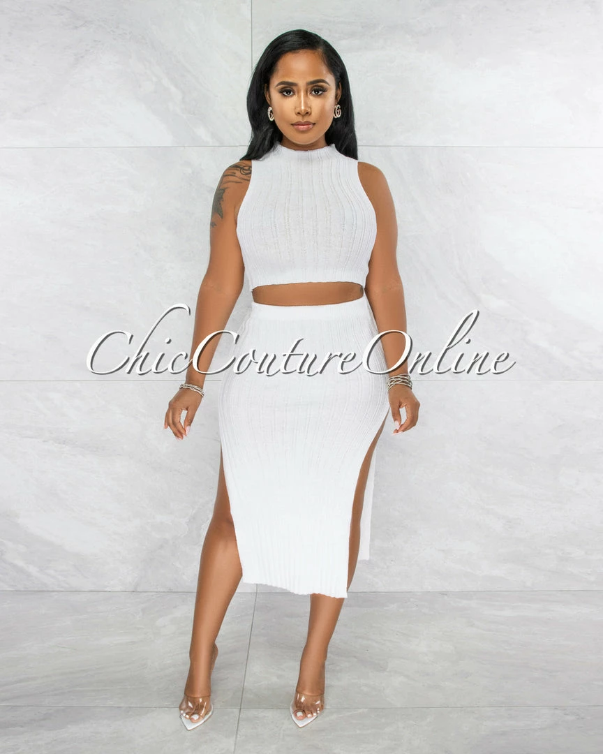 Vendor-unknown Drefan Off-White Ribbed Slit Skirt Two Piece Set JUST IN