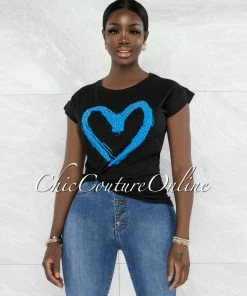 Vendor-unknown Farry Black Blue Front Graphic Rhinestones T-Shirt