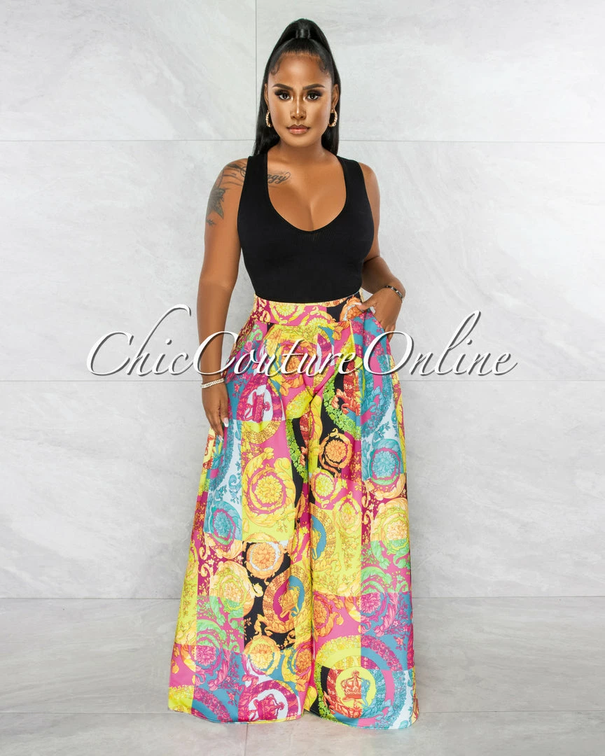 Chic Couture Online JUST IN Gail Multi Color Print Pleated Wide Pants