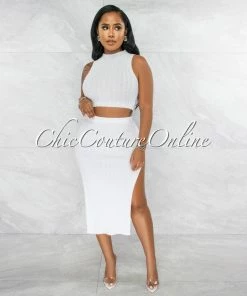 Vendor-unknown Drefan Off-White Ribbed Slit Skirt Two Piece Set JUST IN