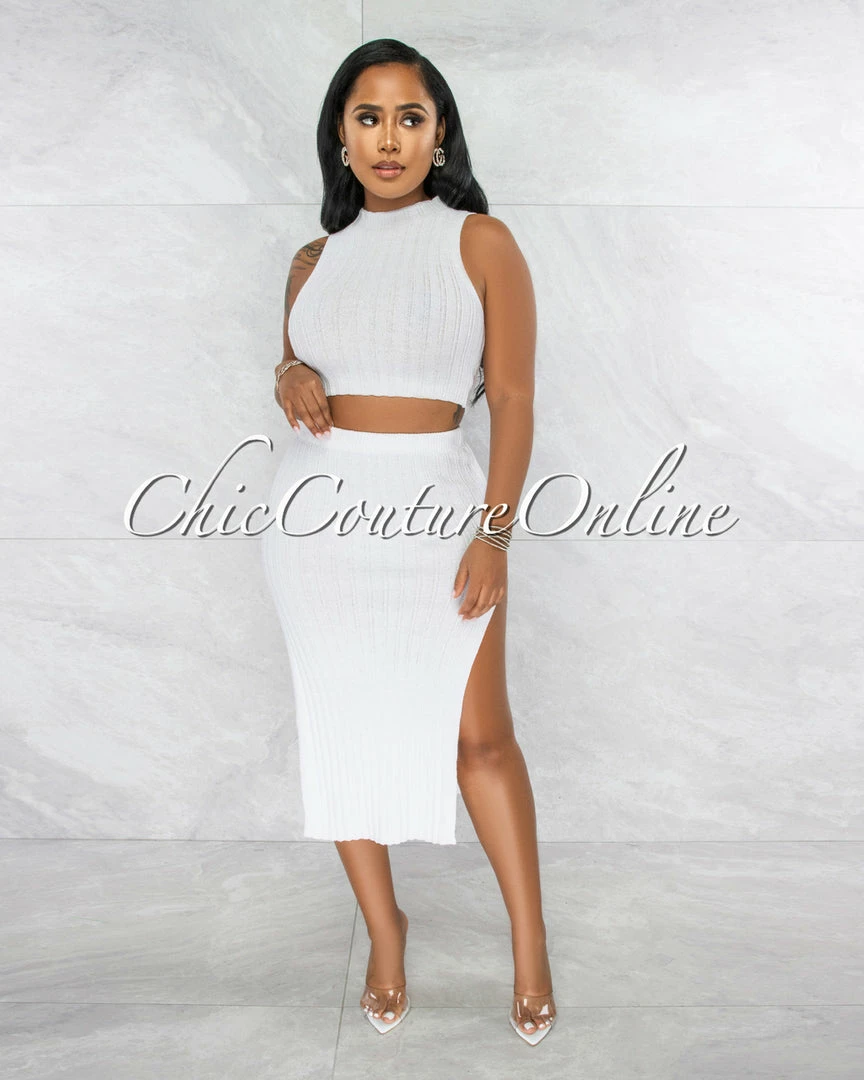 Vendor-unknown Drefan Off-White Ribbed Slit Skirt Two Piece Set JUST IN
