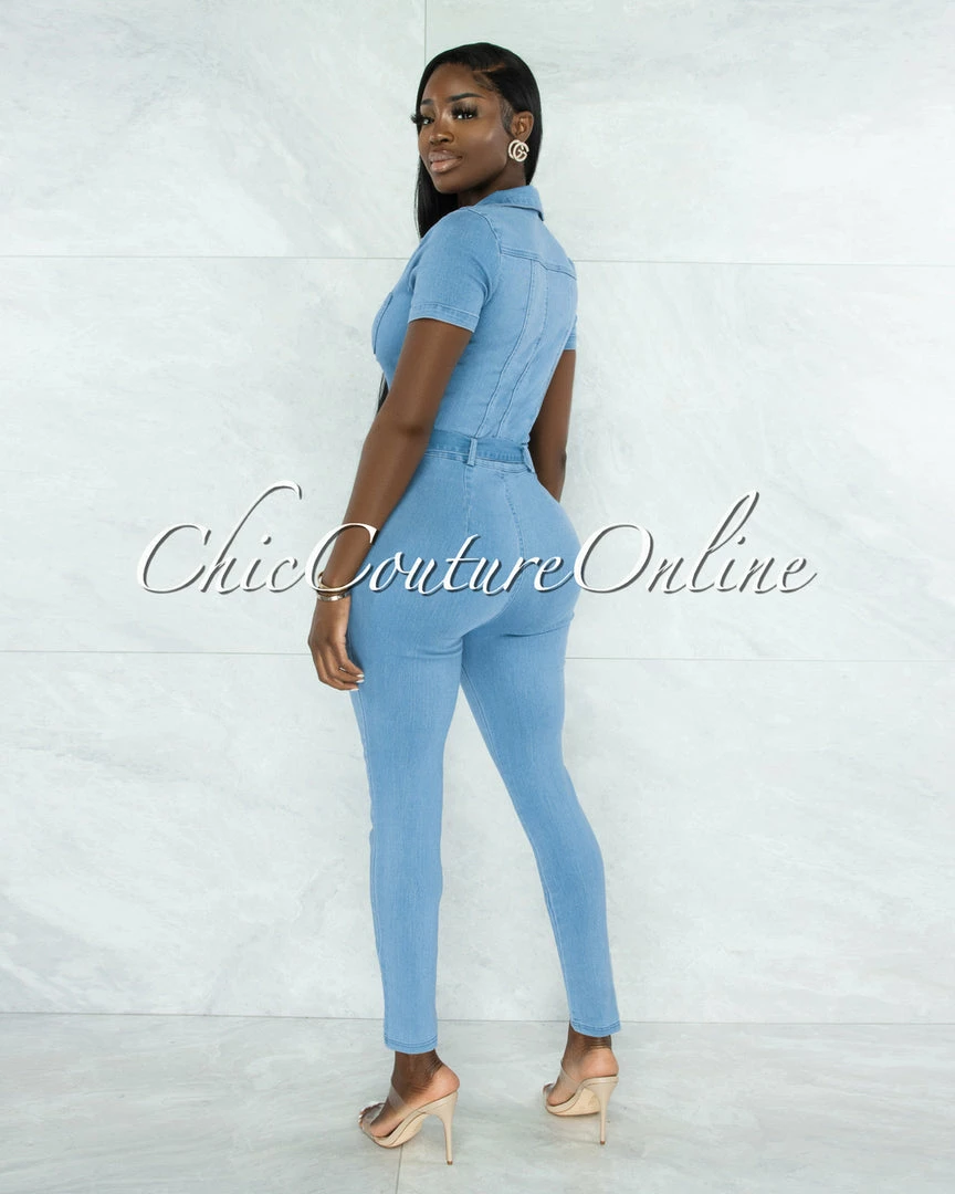 Vendor-unknown JUST IN Faqueza Light Denim Front Silver Zipper Jumpsuit
