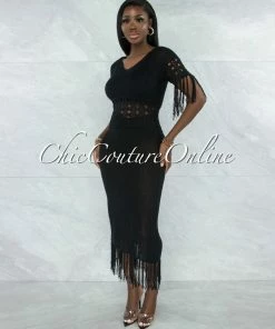 Vendor-unknown Casina Black Crochet Cover-Up Fringe Maxi Dress JUST IN