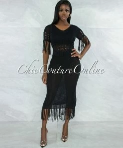 Vendor-unknown Casina Black Crochet Cover-Up Fringe Maxi Dress JUST IN