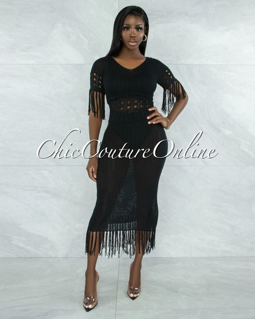 Vendor-unknown Casina Black Crochet Cover-Up Fringe Maxi Dress JUST IN