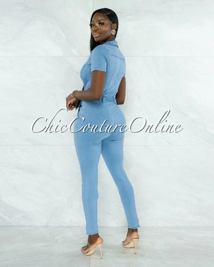 Vendor-unknown JUST IN Faqueza Light Denim Front Silver Zipper Jumpsuit