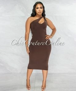 Vendor-unknown JUST IN Abasi Brown Key-Hole Double Lined Midi Dress