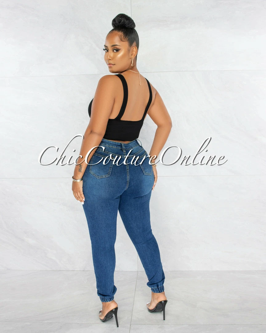 Chic Couture Online JUST IN Bruce Dark Denim Happy Face Patch Fanny Pack Jeans