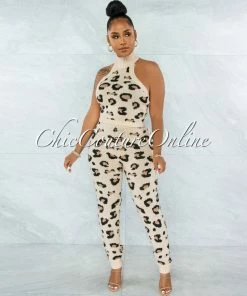 Chic Couture Online Lajos Nude Leopard Print Crop Top & Leggings Knit Set