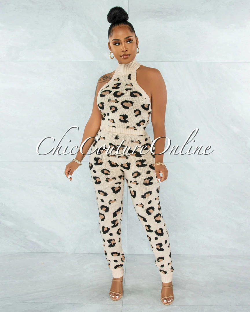 Chic Couture Online Lajos Nude Leopard Print Crop Top & Leggings Knit Set