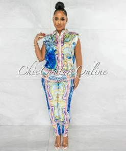 Vendor-unknown Harlem White Blue Multi-Color Print Blouse & Leggings Set