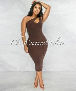 Vendor-unknown JUST IN Abasi Brown Key-Hole Double Lined Midi Dress